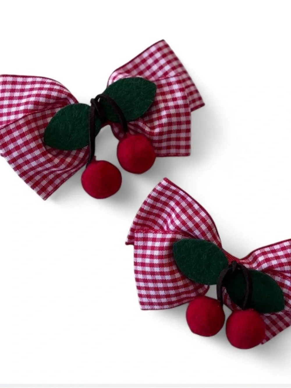 Red Gingham Cherry Bow Hair‎ Clips Set of 2 Retro